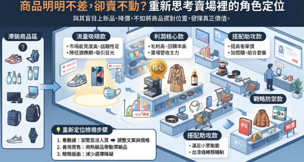 商品明明不差，卻總有幾個品項一直賣不動？與其不斷上新品、降價或增加活動，不如重新思考每個商品在賣場裡的角色。找到對的位置，商品才有機會真正發揮價值。