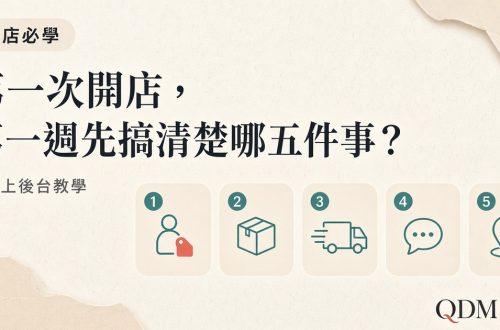 封面圖：標題「第一次開店，第一週先搞清楚哪五件事？」，標題下方偏右有一排五格圖示，依序是人形加價格標籤、紙箱、貨車、對話框、位置標記