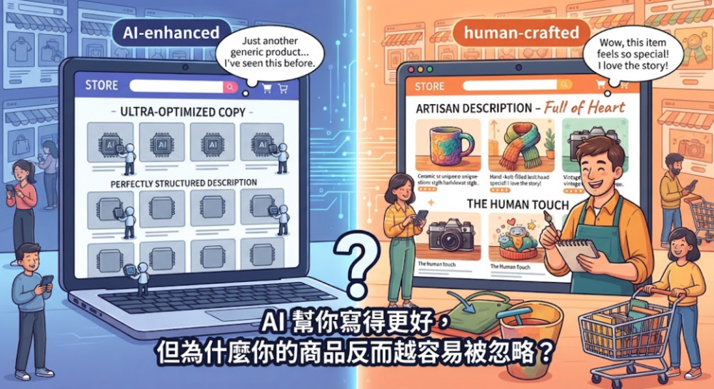 現在用 AI 寫商品文案，省下的可能不只是時間。真正讓店家頭痛的是，商品特色、賣點、規格都輸入了，文案看起來也很完整，客人卻還是看完就滑走。因為當每家店都能快速寫出「好文案」，你真正缺的，可能不是文字，而是讓人選你的理由。