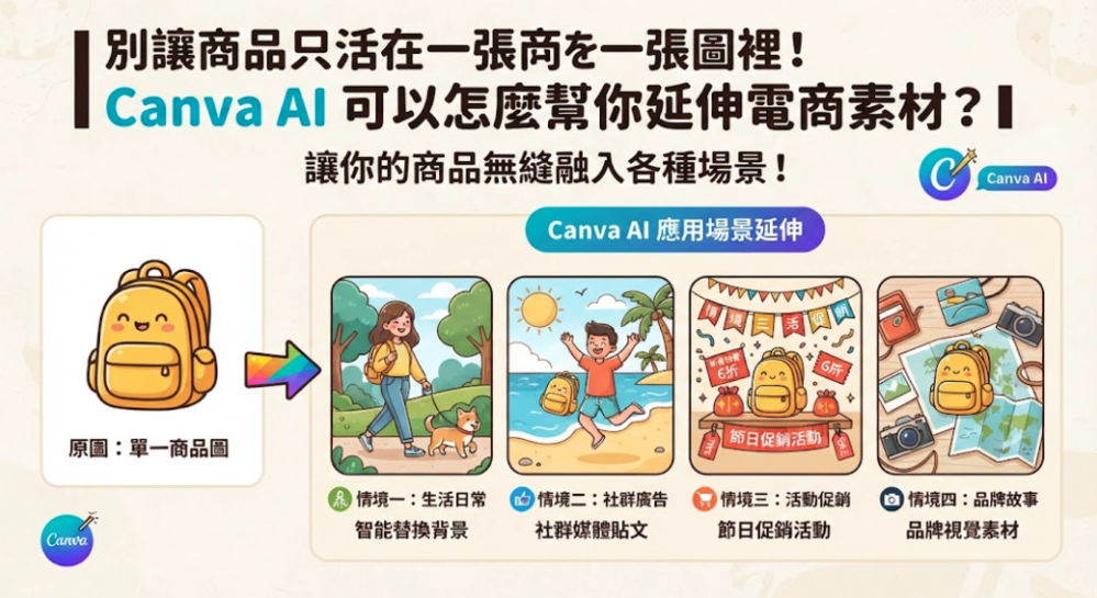 商品拍完照、做好商品頁，真的就完成了嗎？ 對電商店家來說，真正麻煩的往往是後面：社群要圖、活動要 Banner、節慶要換版本，還要想不同客群到底該看什麼。 現在有了 Canva AI，與其一直請它「再做一張」，不如學會讓同一個商品，延伸出不同用途的素材。