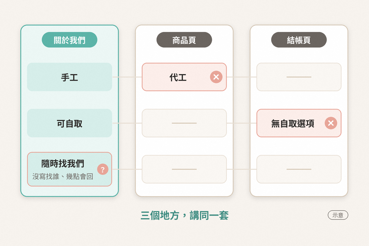 關於我們頁面要寫什麼?第一次來的客人會在這裡確認你是誰 關於我們、商品頁、結帳頁三處說法對照示意:手工對代工、可自取卻沒有自取選項、隨時找我們卻沒寫找誰,三處都要講同一套。