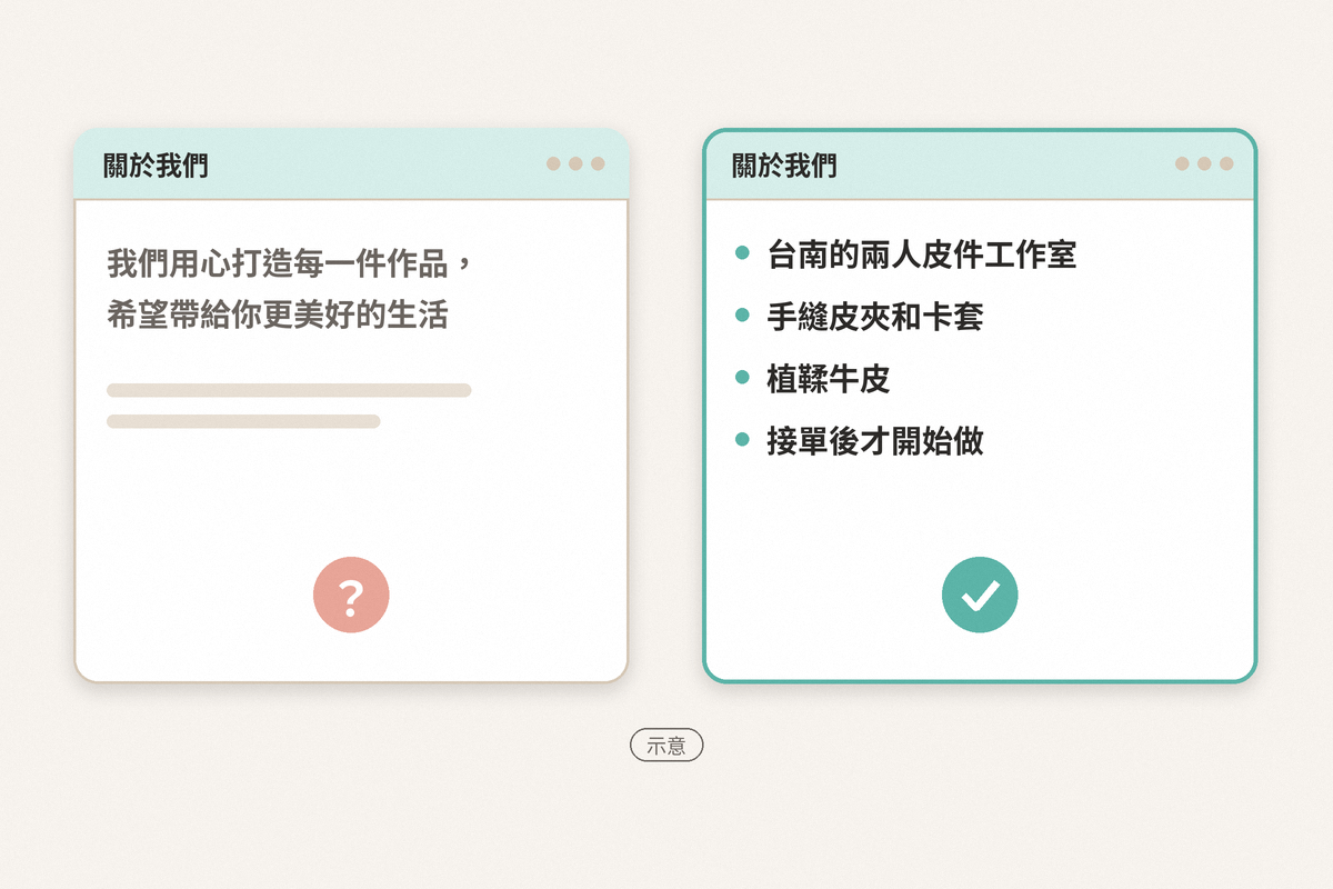 關於我們頁面要寫什麼?第一次來的客人會在這裡確認你是誰 關於我們第一段的兩種寫法示意:左邊寫用心打造每一件作品,看不出賣什麼;右邊寫台南兩人皮件工作室、手縫皮夾和卡套、植鞣牛皮、接單後才開始做。