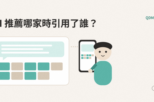 一個扁平圓臉人物從肩膀伸手拿著手機，手機畫面上方是一則答案泡泡，下面排著兩排空白小卡；左邊把這則答案放大，九張小卡裡五張是青綠色、四張是沙色，排法跟手機裡一樣；左上標題「AI 推薦哪家時引用了誰？」，右下角標「示意」。