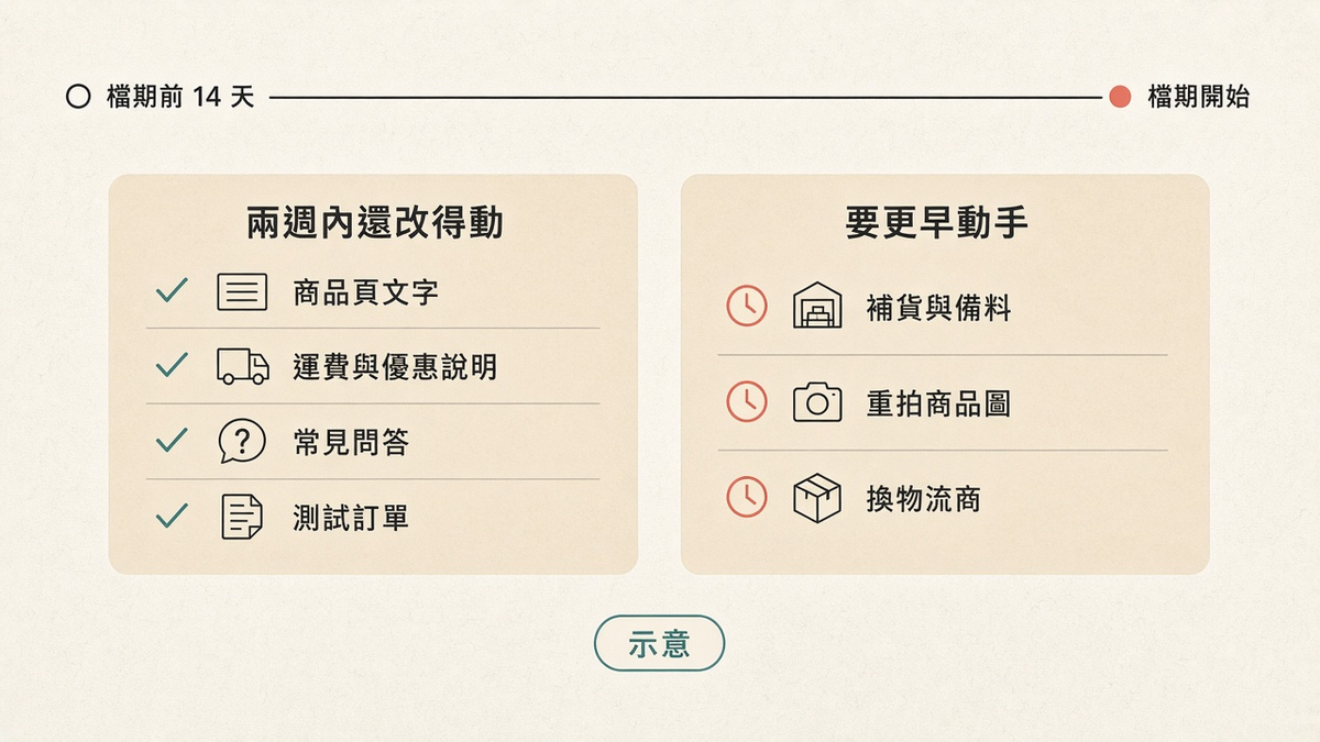 檔期前兩週,台灣電商可以準備什麼? 示意圖:檔期前兩週的事分成兩欄。左欄是兩週內還改得動的:商品頁文字、運費與優惠說明、常見問答、自己下一張測試訂單。右欄是要更早動手的:補貨與備料、重拍商品圖、換物流商。