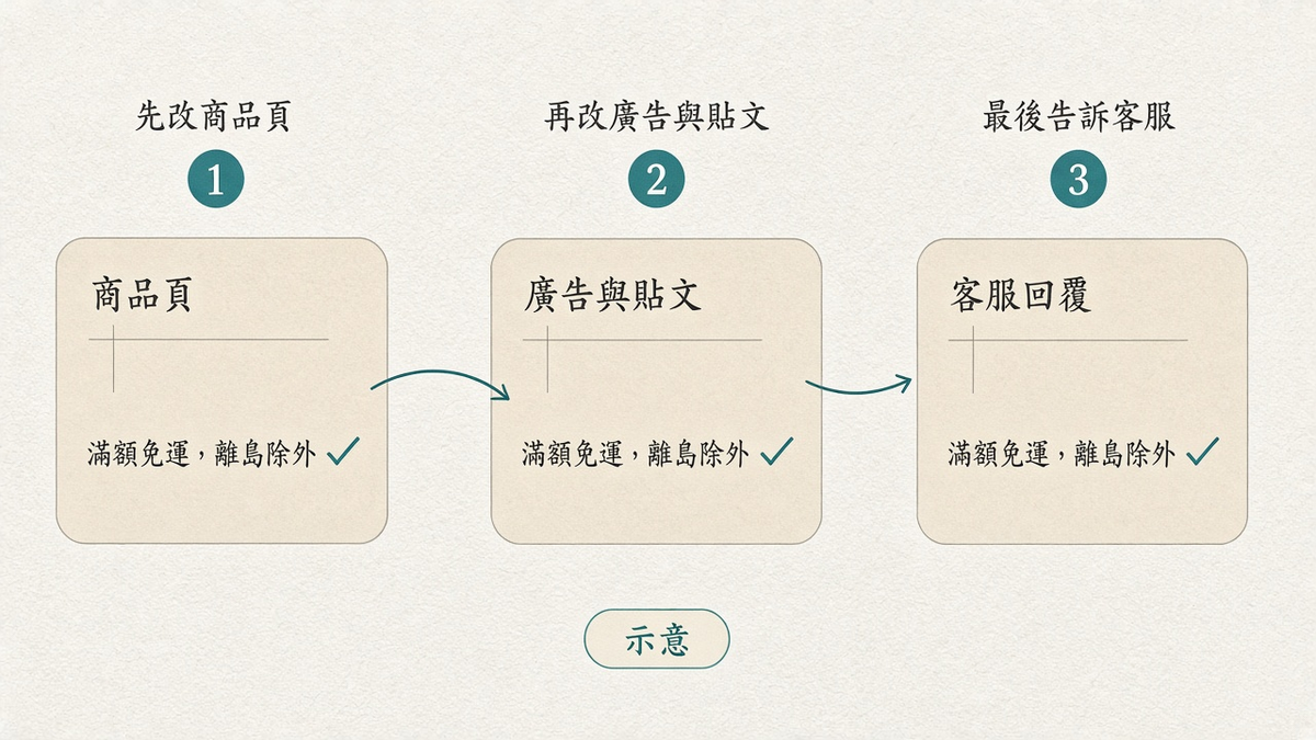 檔期前兩週,台灣電商可以準備什麼? 示意圖:三張卡片由左到右依序更新,依序是商品頁、廣告與貼文、客服回覆,三張卡片上都寫著同一句「滿額免運,離島除外」,並標出先改商品頁、再改另外兩處的順序。
