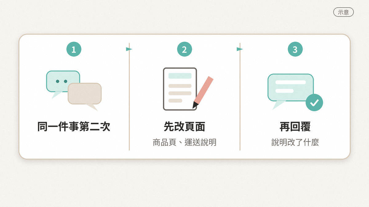 負評怎麼回?公開回覆寫到哪裡為止,其餘交給私訊 示意圖:三個步驟由左到右。第一步,同一件事被抱怨第二次;第二步,先改商品頁或運送說明;第三步,再回覆,並說明改了什麼。