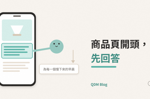 一支手機上的商品頁示意，最上方是陶瓷濾杯大圖，下面第一段被青綠色框起來，一個圓形角色伸手指著這一段；旁邊一張小卡寫著「為每一個慢下來的早晨」，上方有往下的箭頭；右側標題「商品頁開頭，先回答」。