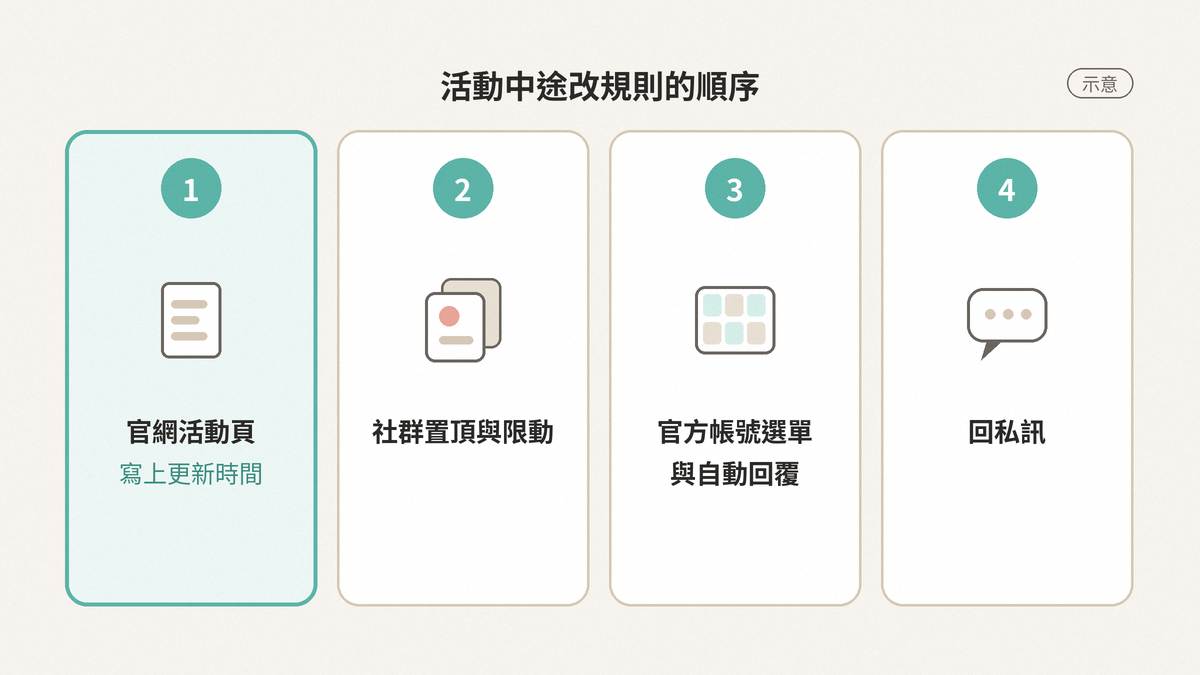 活動中途改規則的四步順序示意：先改官網活動頁並寫上更新時間，再改社群置頂與限動，接著換 LINE 圖文選單和自動回覆，最後回私訊。