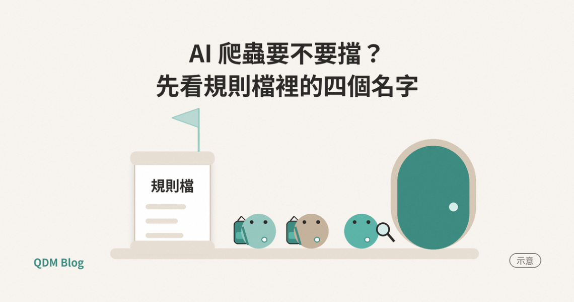 示意圖：三個扁平圓形小人偶排在一扇門前，兩個背書包代表訓練用爬蟲，一個拿放大鏡代表搜尋用爬蟲；門邊的紙卷標著規則檔，紙卷上插著一面半透明小旗子，代表控制用名稱。