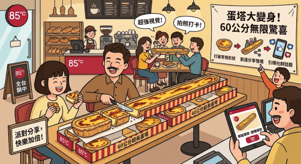 當消費者已經吃過無數次蛋塔，品牌還能用什麼理由讓他再次購買？85度C將傳統圓形蛋塔改造成60公分長條甜點，重新設計商品的視覺、分享情境與傳播方式，也為電商經營帶來值得研究的行銷思維。
